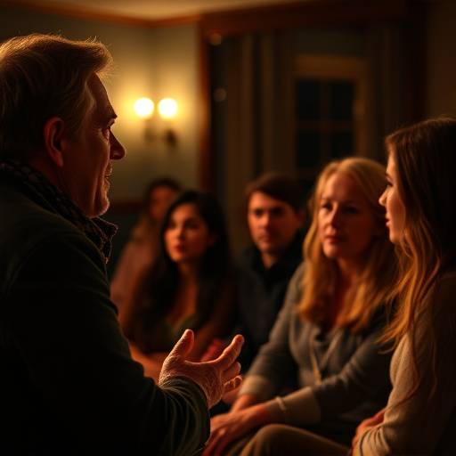 Imagen de un narrador contando una historia cautivadora a un püblico atento, representando el curso 'Narrativa y Storytelling'.
