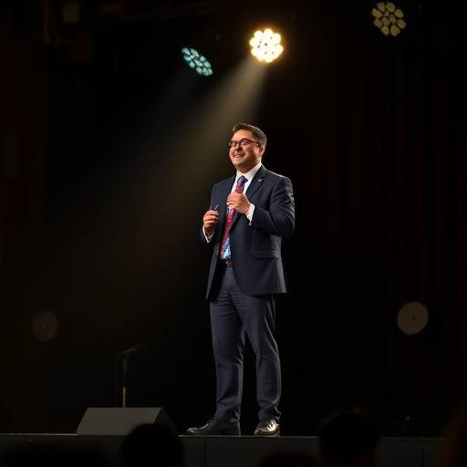 Imagen de un orador seguro y confiado presentando en un escenario, representando el módulo 'Oratoria con Confianza'.